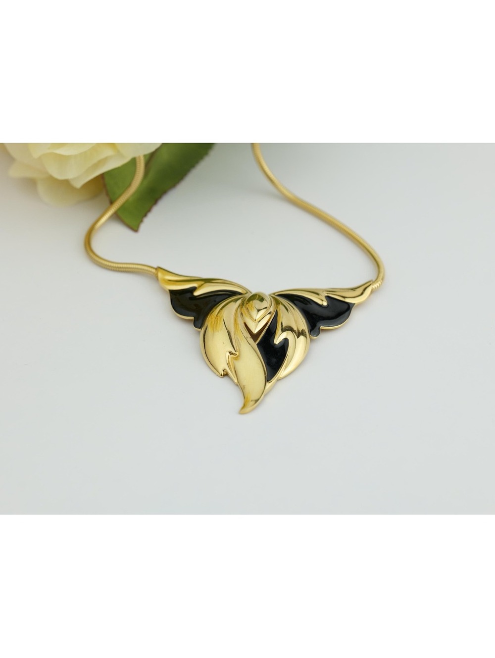 Vintage Bergdorf Goodman Necklace, Gold-Tone Black Enamel Leaf Pendant